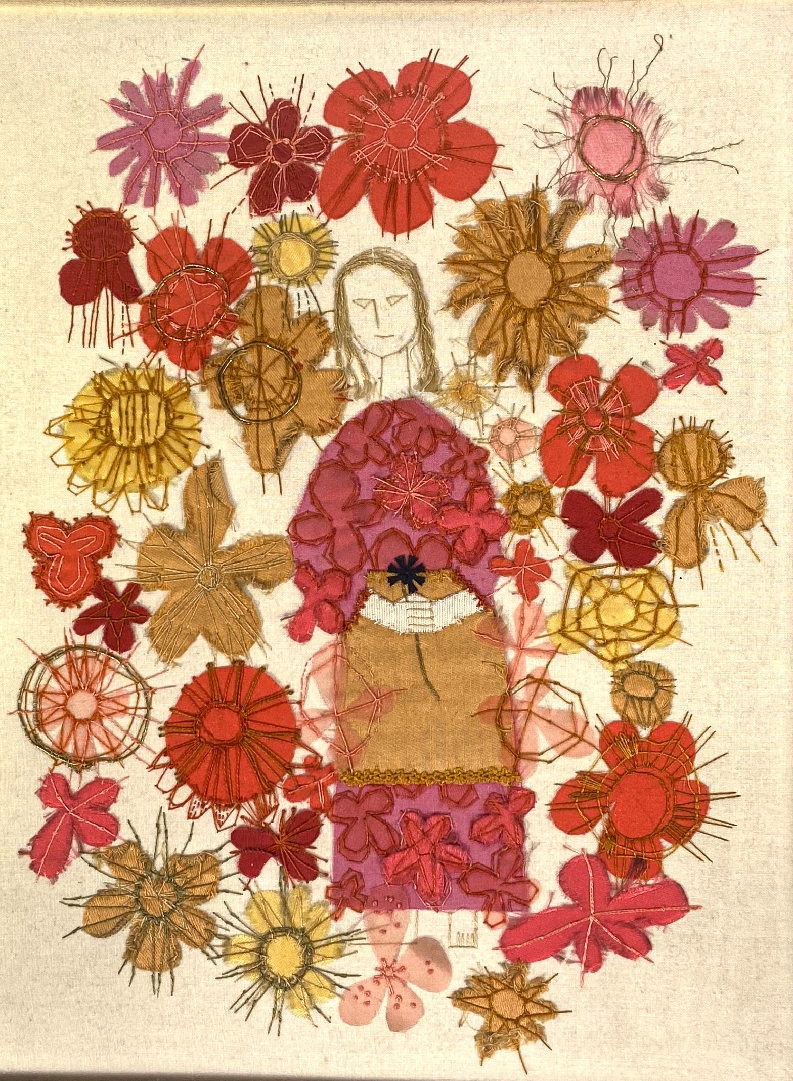 Assorted pictures, including a contemporary mixed media work of a lady amongst flowers; Still Life