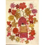 Assorted pictures, including a contemporary mixed media work of a lady amongst flowers; Still Life