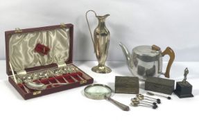 Assorted metal ware, including a silver plated magnifying glass, a set of coffee spoons, two trinket