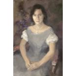 K. Russell, Contemporary, Portrait of a Seated Lady, oil on canvas, signed LR: K? Russell; also