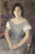 K. Russell, Contemporary, Portrait of a Seated Lady, oil on canvas, signed LR: K? Russell; also