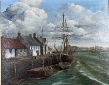 Five assorted pictures, including Scottish landscapes, including a harbourside view, with shipping