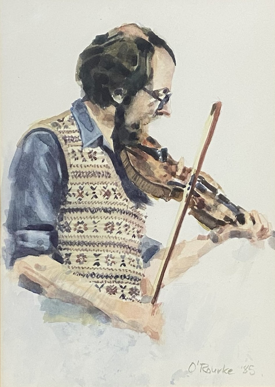 O’Rourke, Scottish circa 1985, Harpist; Fiddler, two watercolours, both signed and dated - Image 11 of 11