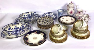 A quantity of assorted ceramics, including blue and white covered tureens and similar dinner table