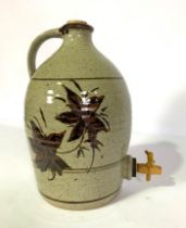 A Truro pottery studio cider flagon, 20th century, of with a ribbed mottled grey body, decorated