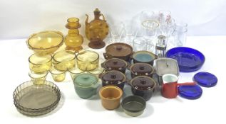 Assorted modern table glassware, including two flan dishes, also several covered stoneware oven