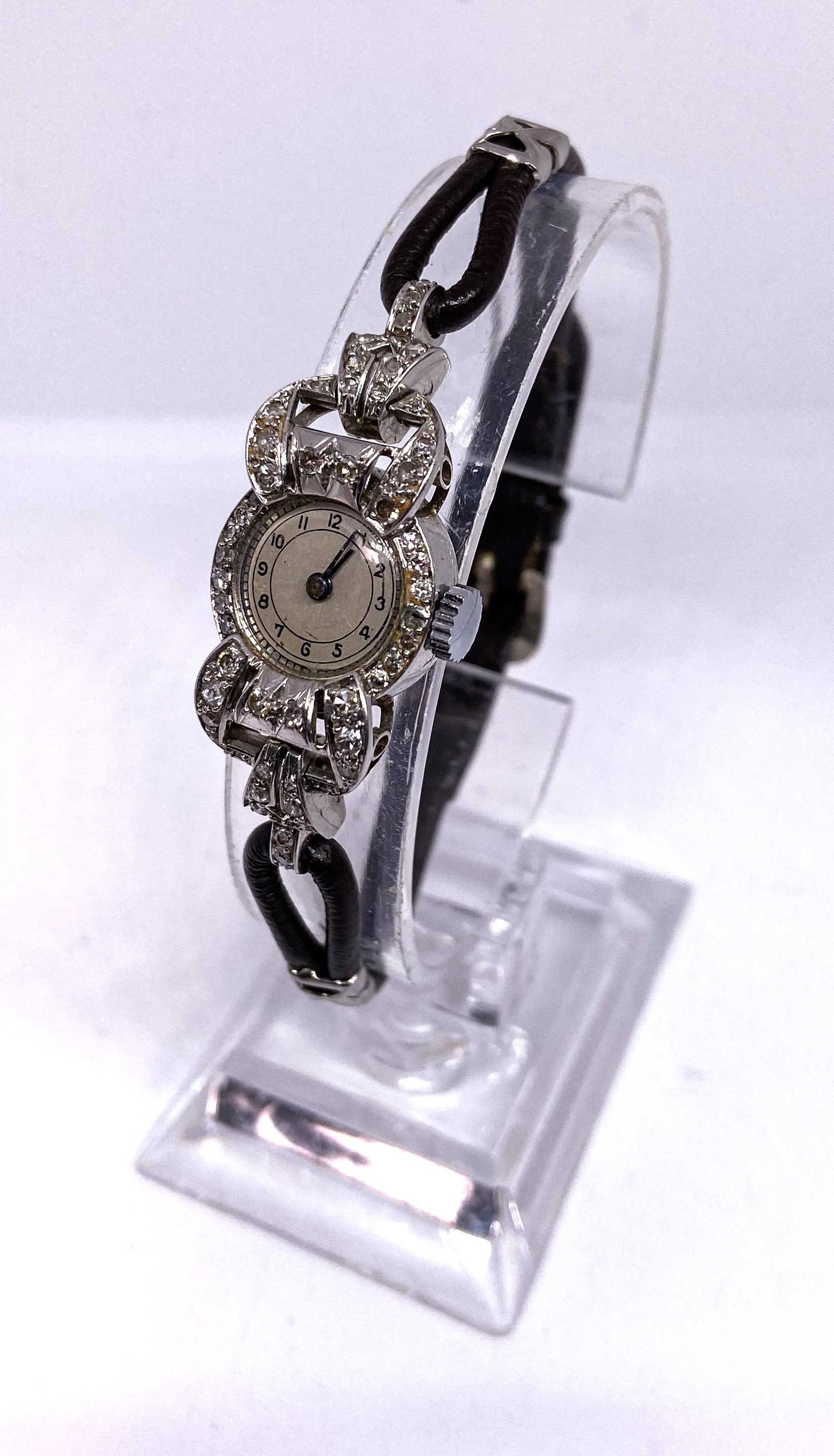 A ladies vintage cocktail watch, with white metal case, and diamond chip decorated face (movement - Image 3 of 3