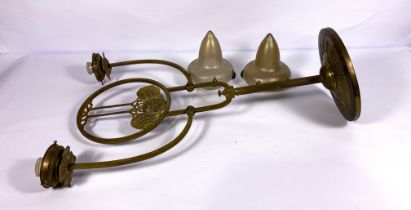 An Art Nouveau gilt metal and lustre glass pendant light, with two 'Artichoke Heart' glass shades,