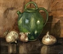 Five pictures, including A Watson ‘Study of a green earthenware jug, with garlic clovers,