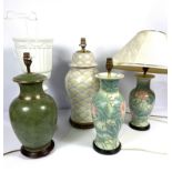 An assortment of modern table lamps, including baluster shaped ceramic examples; also a white