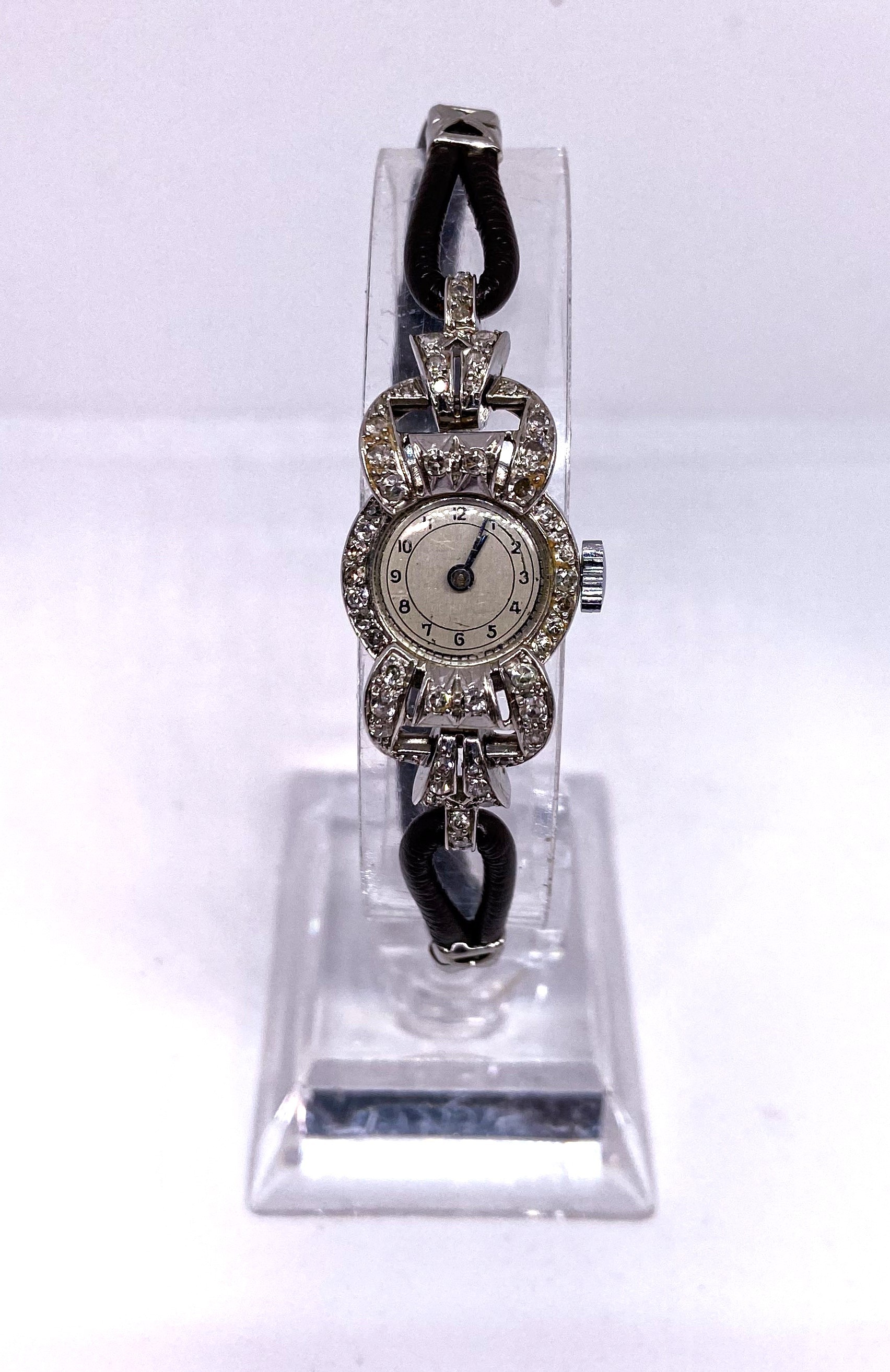 A ladies vintage cocktail watch, with white metal case, and diamond chip decorated face (movement - Image 2 of 3