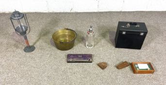 A vintage brass preserving pan, a soda bottle, assorted surveying Instruments and sewing Machine (