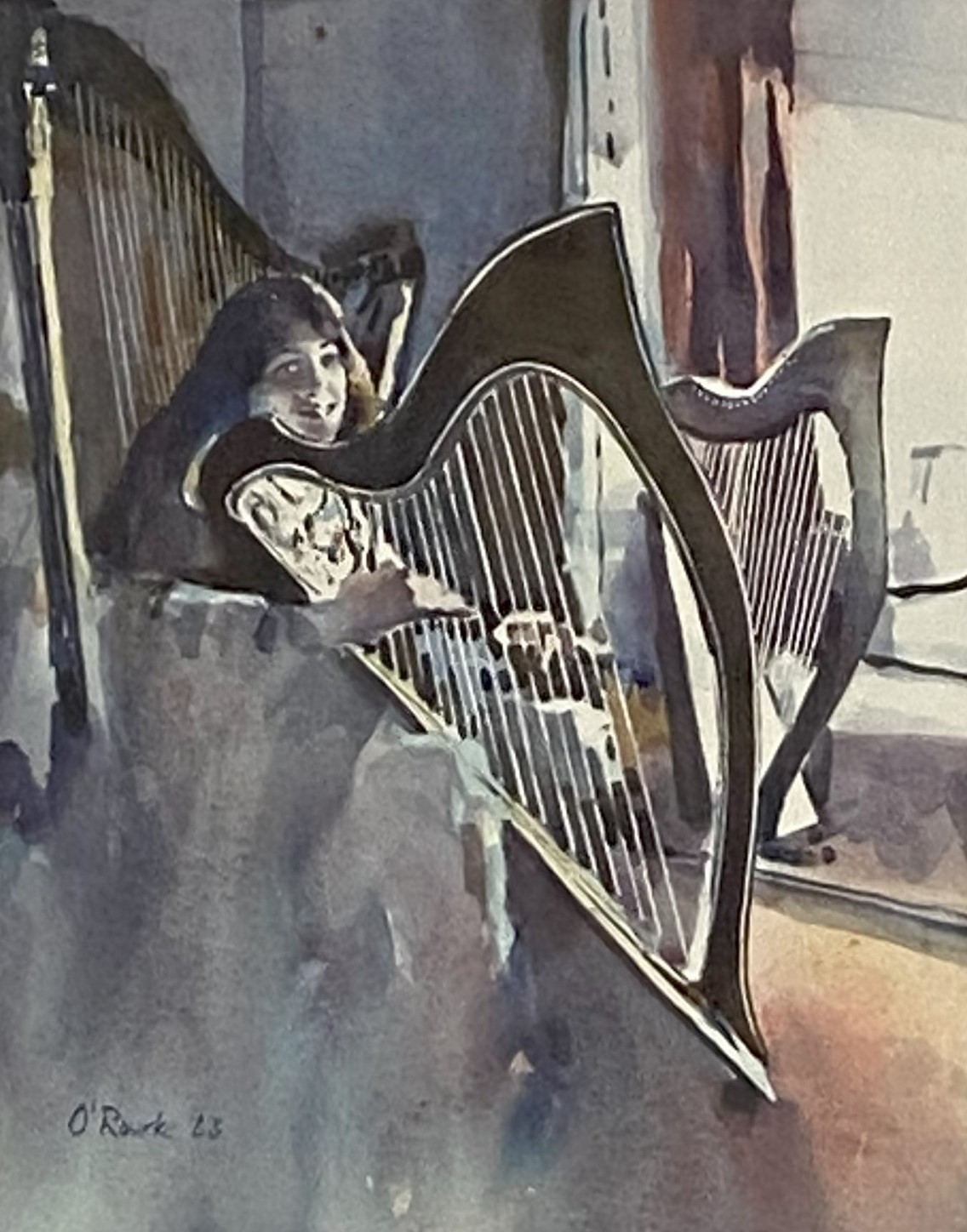 O’Rourke, Scottish circa 1985, Harpist; Fiddler, two watercolours, both signed and dated