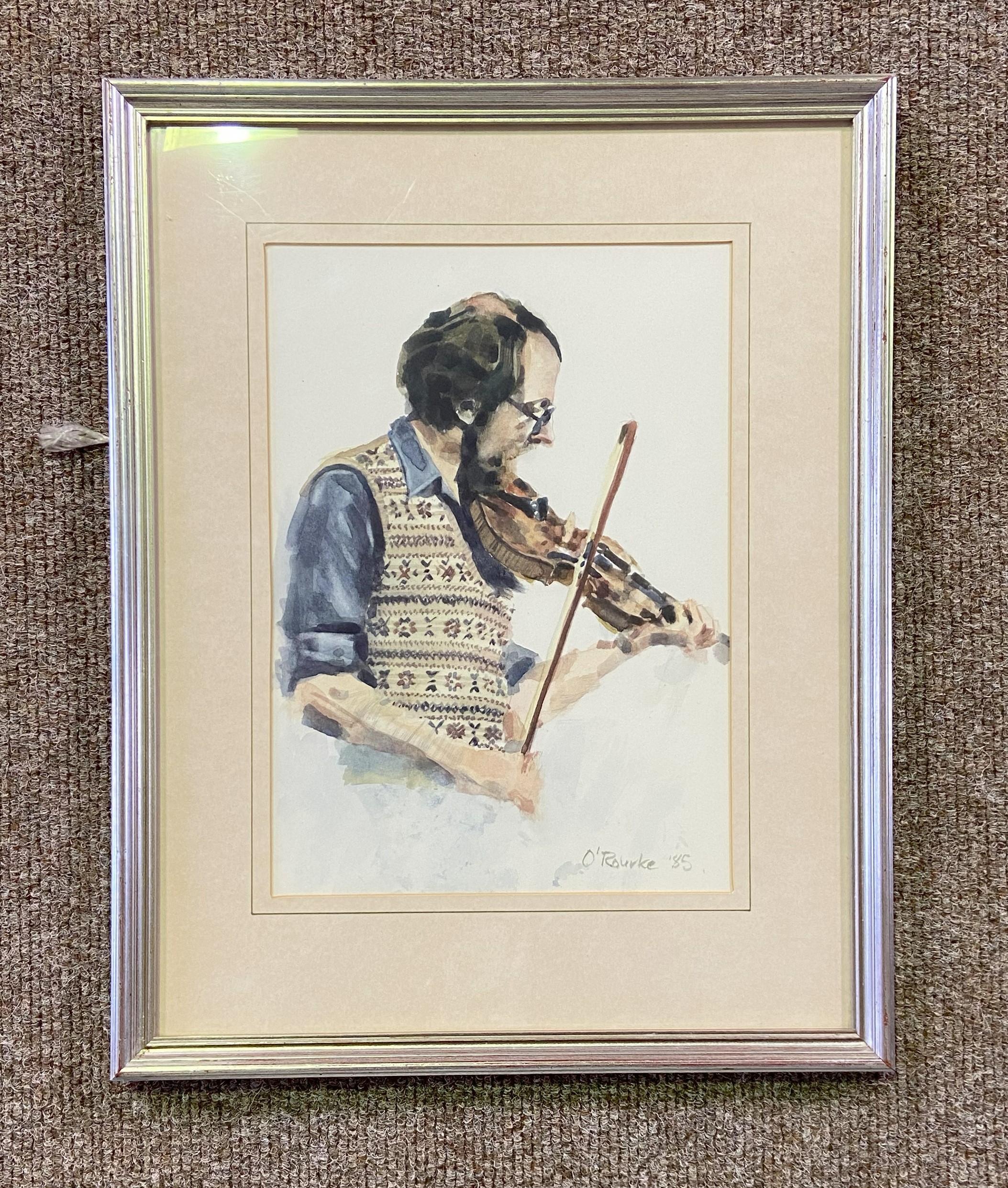 O’Rourke, Scottish circa 1985, Harpist; Fiddler, two watercolours, both signed and dated - Image 8 of 11