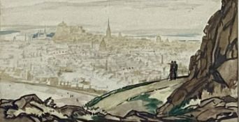 J.G.Rennie, British, early 20th century, EDINBURGH FROM SALISBURY CRAGS, ink, and watercolour,