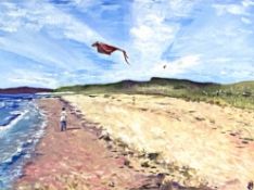 Two paintings, including "Let's Go Fly a Kite, The Beach at Blackwaterfoot, Arran", acrylic on