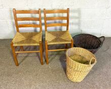 Two rush seated ladder back chairs, together with two wicker baskets (4)