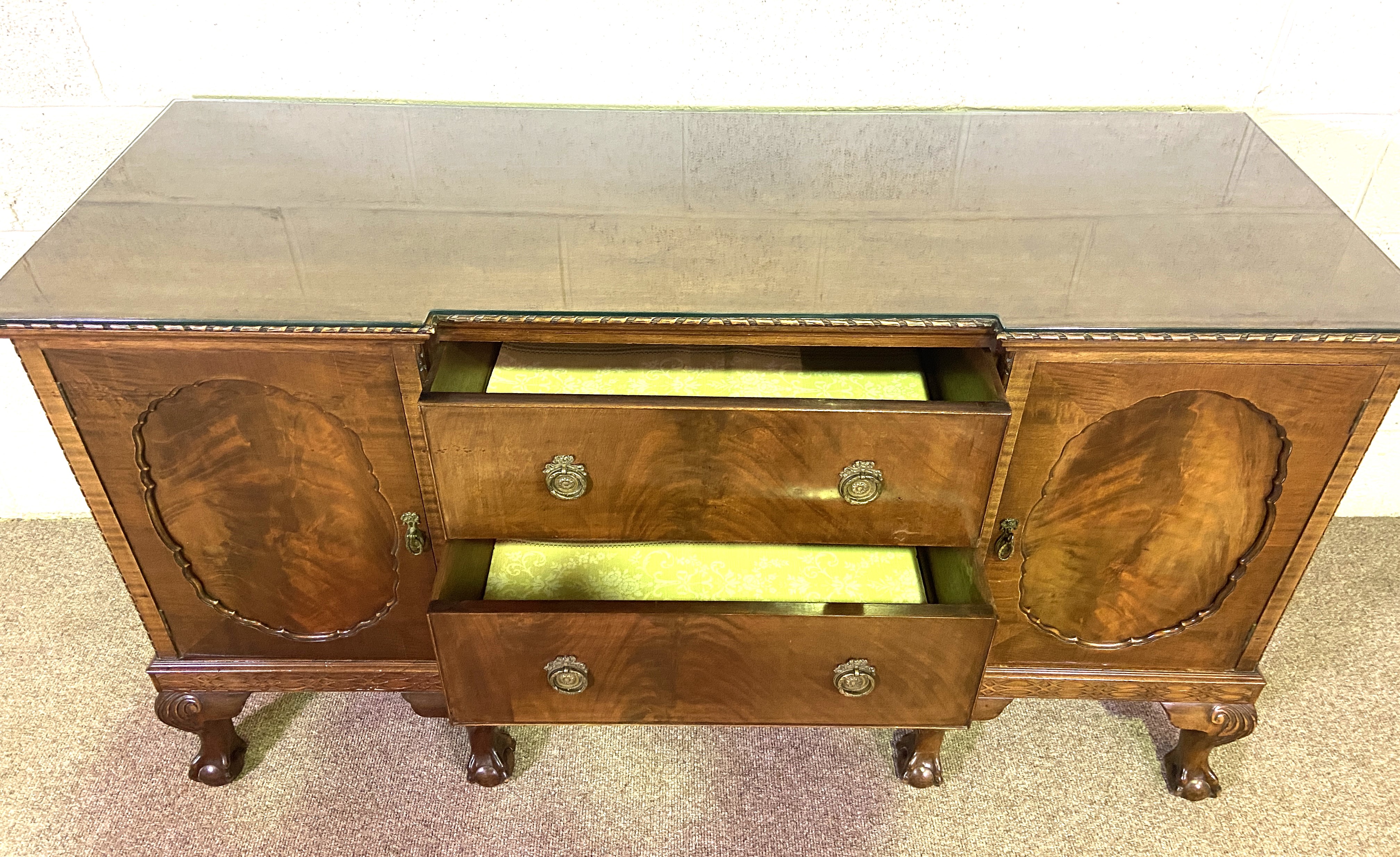 A George III style breakfront mahogany veneered sideboard, the plain top with a moulded edge, over - Image 3 of 4