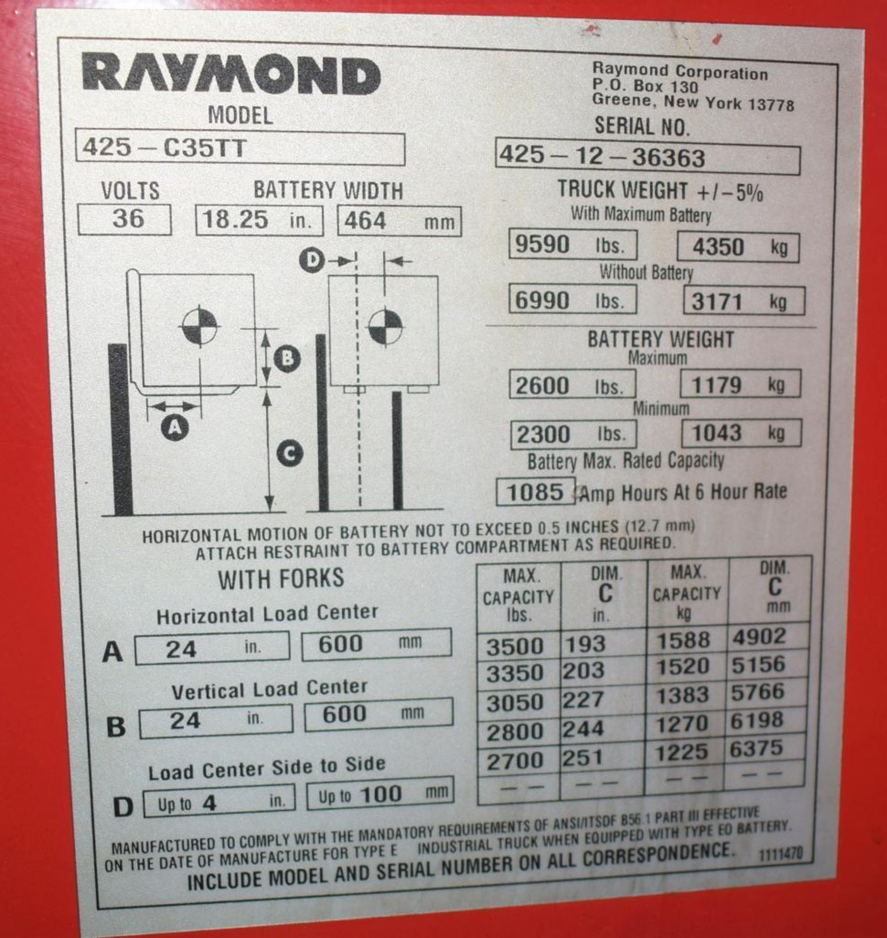 Raymond Stand-Up Counterbalanced Lift Truck, Model 425-C35TT, Serial# 425-12-36363. 36 Volts, maximu - Image 16 of 20