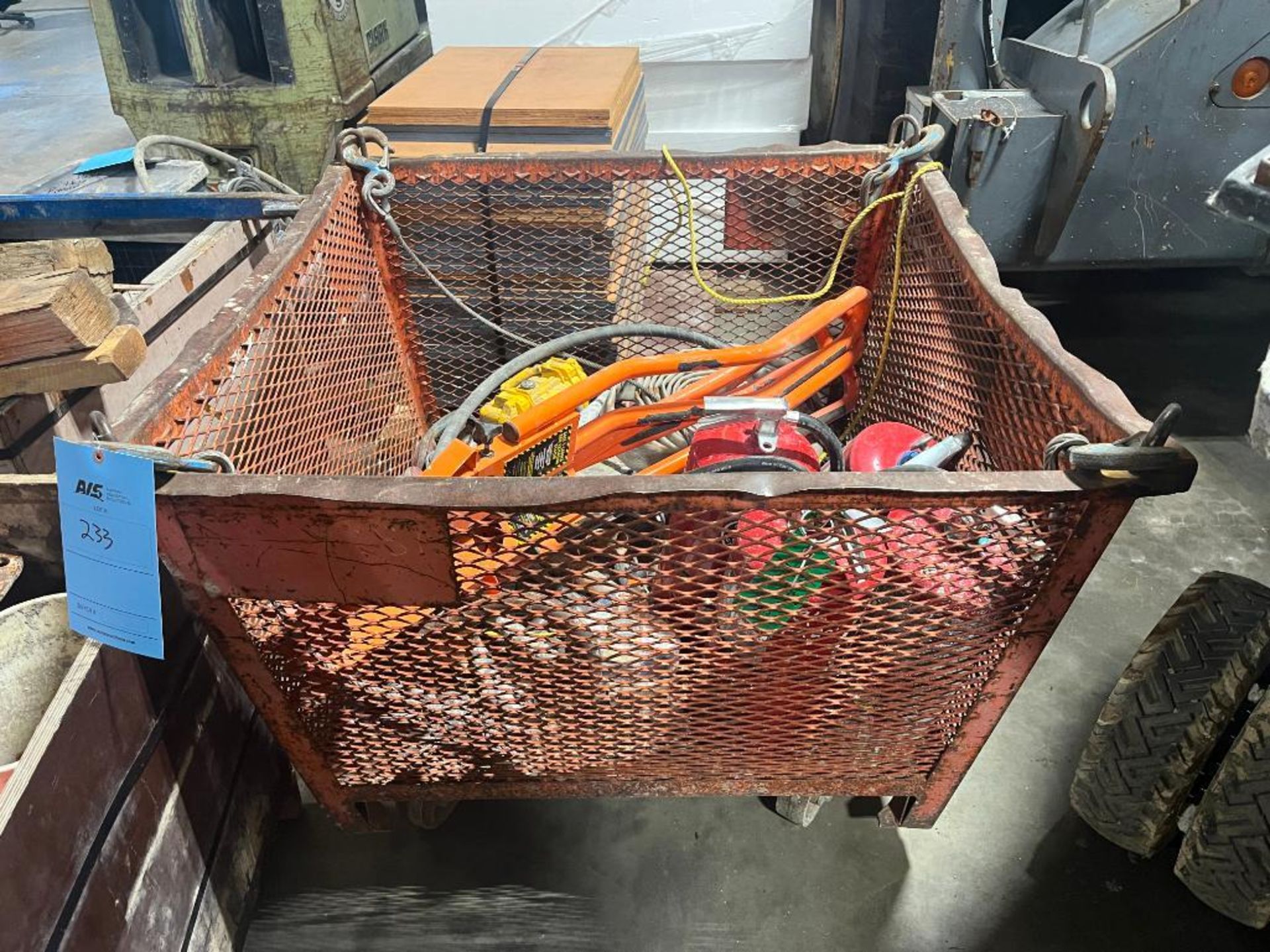 LOT: Metal Hoist Bin containing safety ladder rail extension system with misc. MRO.