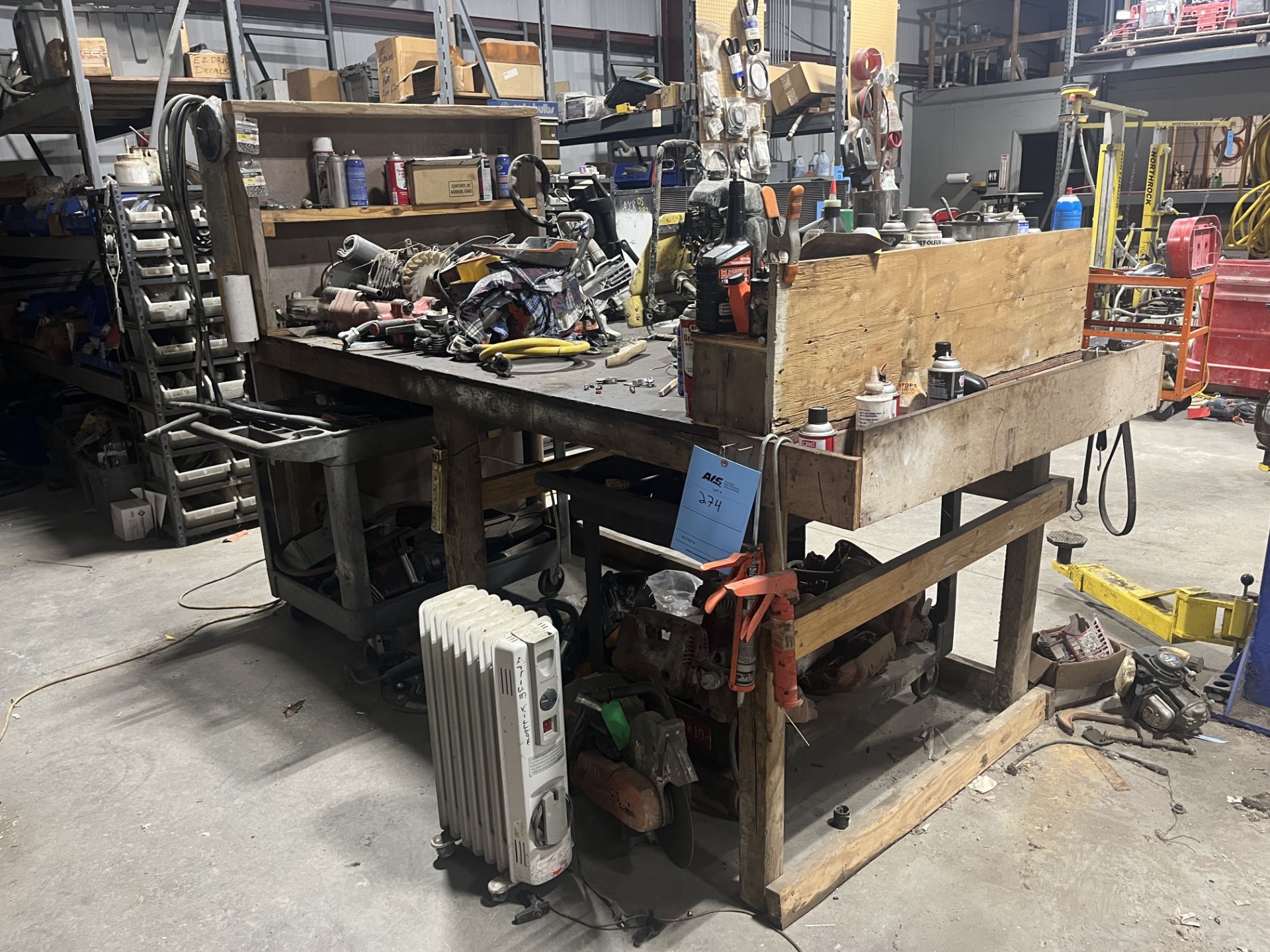 Lot: Table With Contents Including Assorted Saws, Mobile Crimp, Tools, & Misc. Pieces