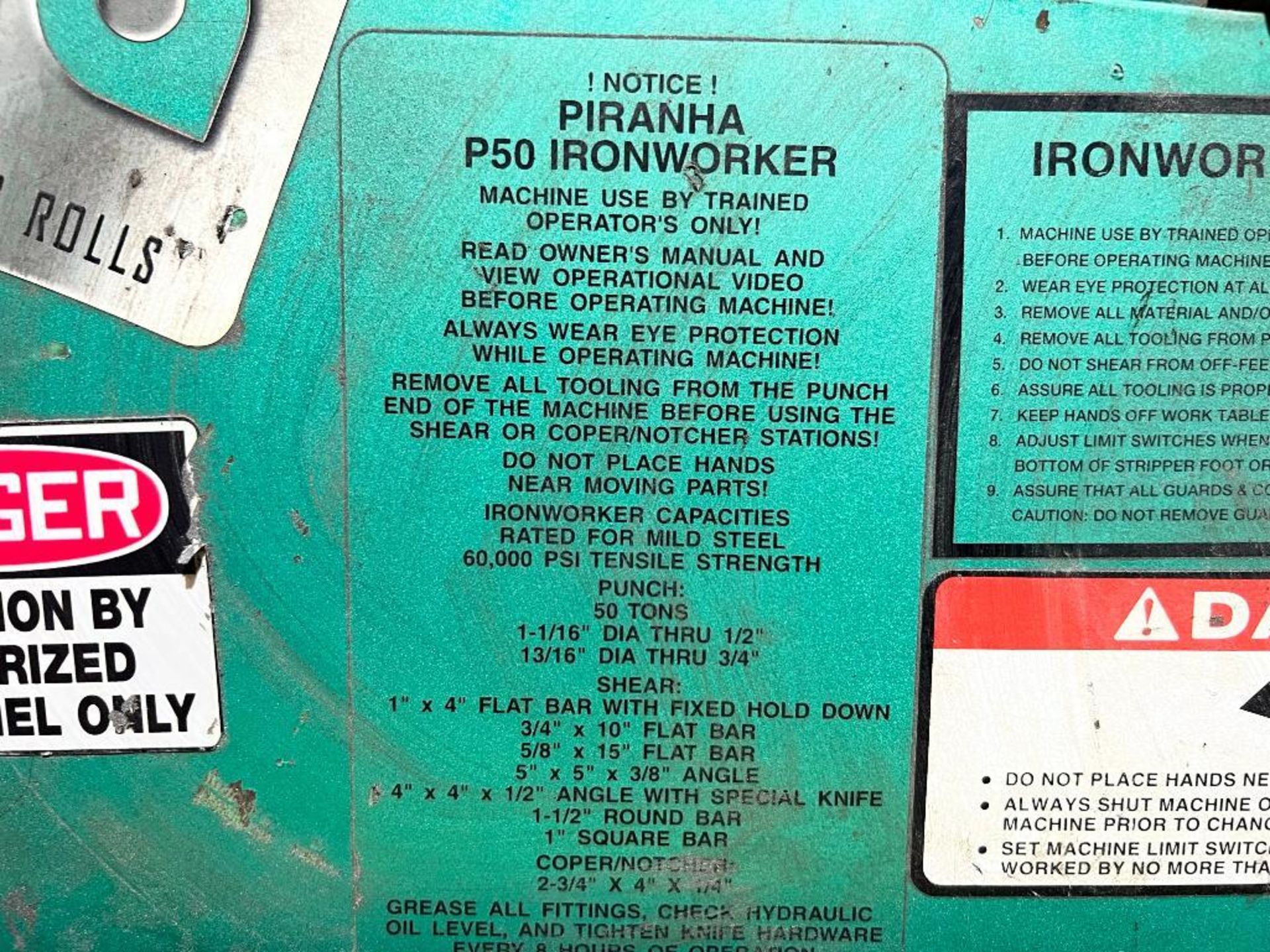 Piranha Hydraulic Ironworker Model P50, S/N P50-10522, with Tooling and Accessories - Image 4 of 12