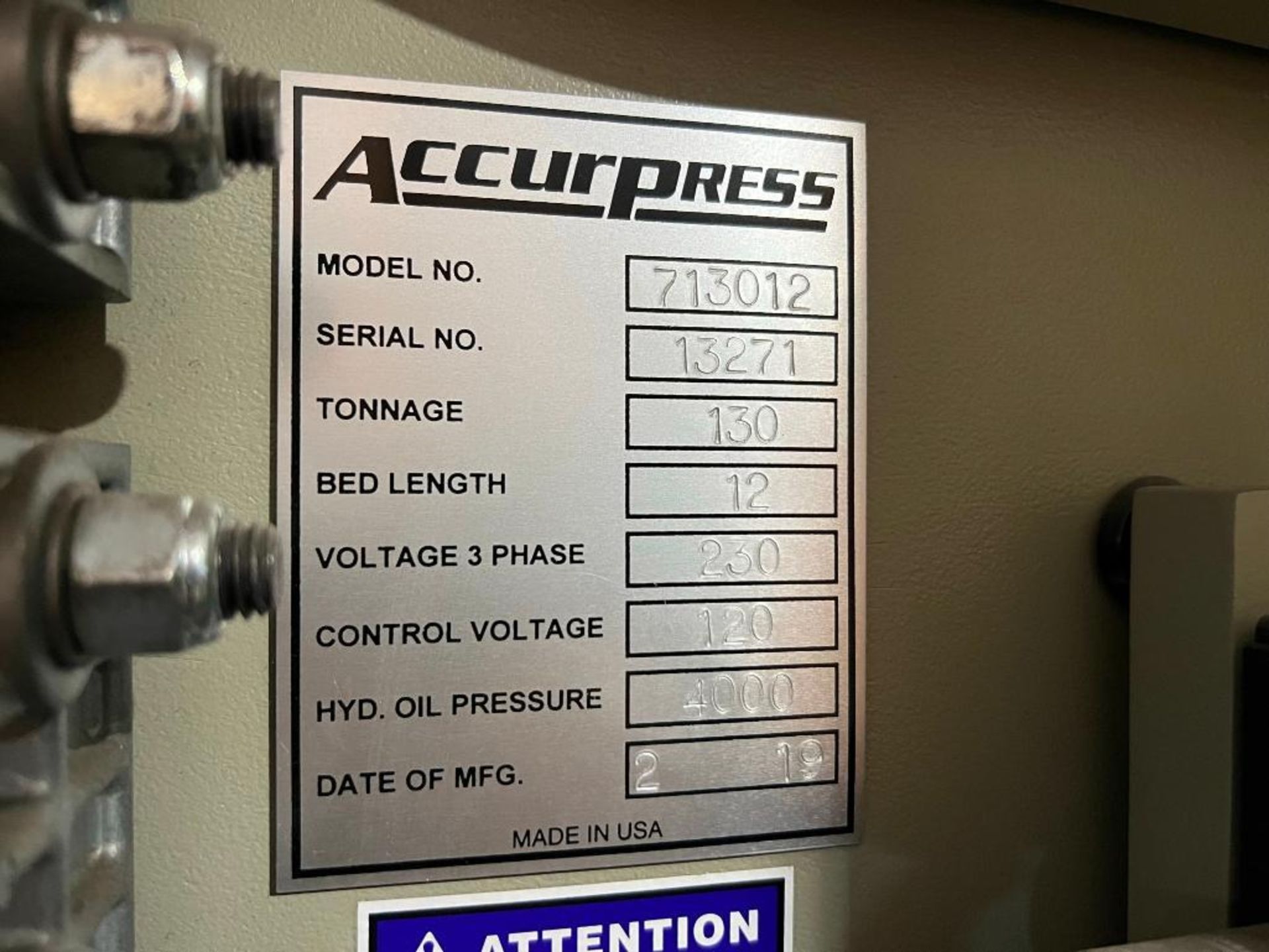 2019 Accurpress Advantage 130-Ton x 12' CNC Hydraulic Press Brake Model 713012, S/N 13271 (2019), wi - Image 7 of 18