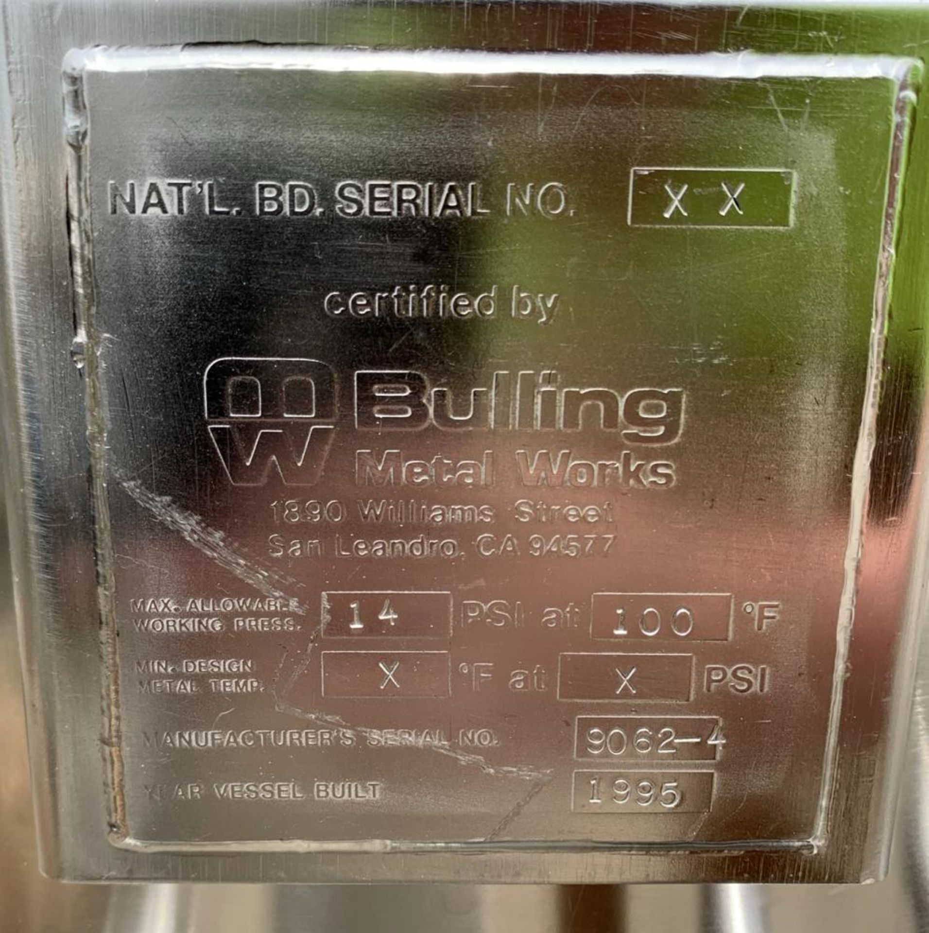 Used- Bulling Metal Works Co. 100 Liter (26 Gallon) Tank, 316 Stainless Steel, Vertical. Approximate - Image 11 of 11