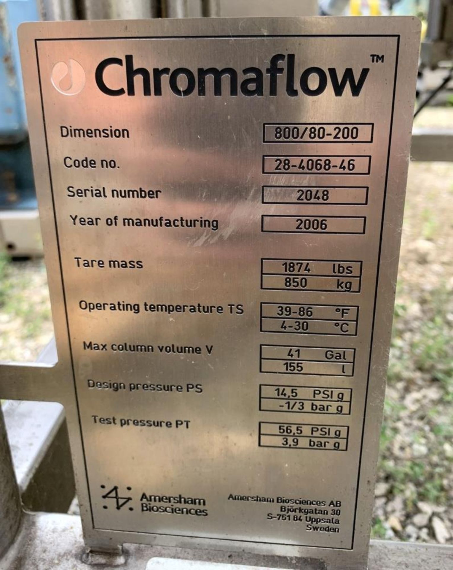 Used- Amersham Biosciences Chromaflow Column, Model 800/80-200. Maximum column volume 41 gallon (155 - Image 9 of 11