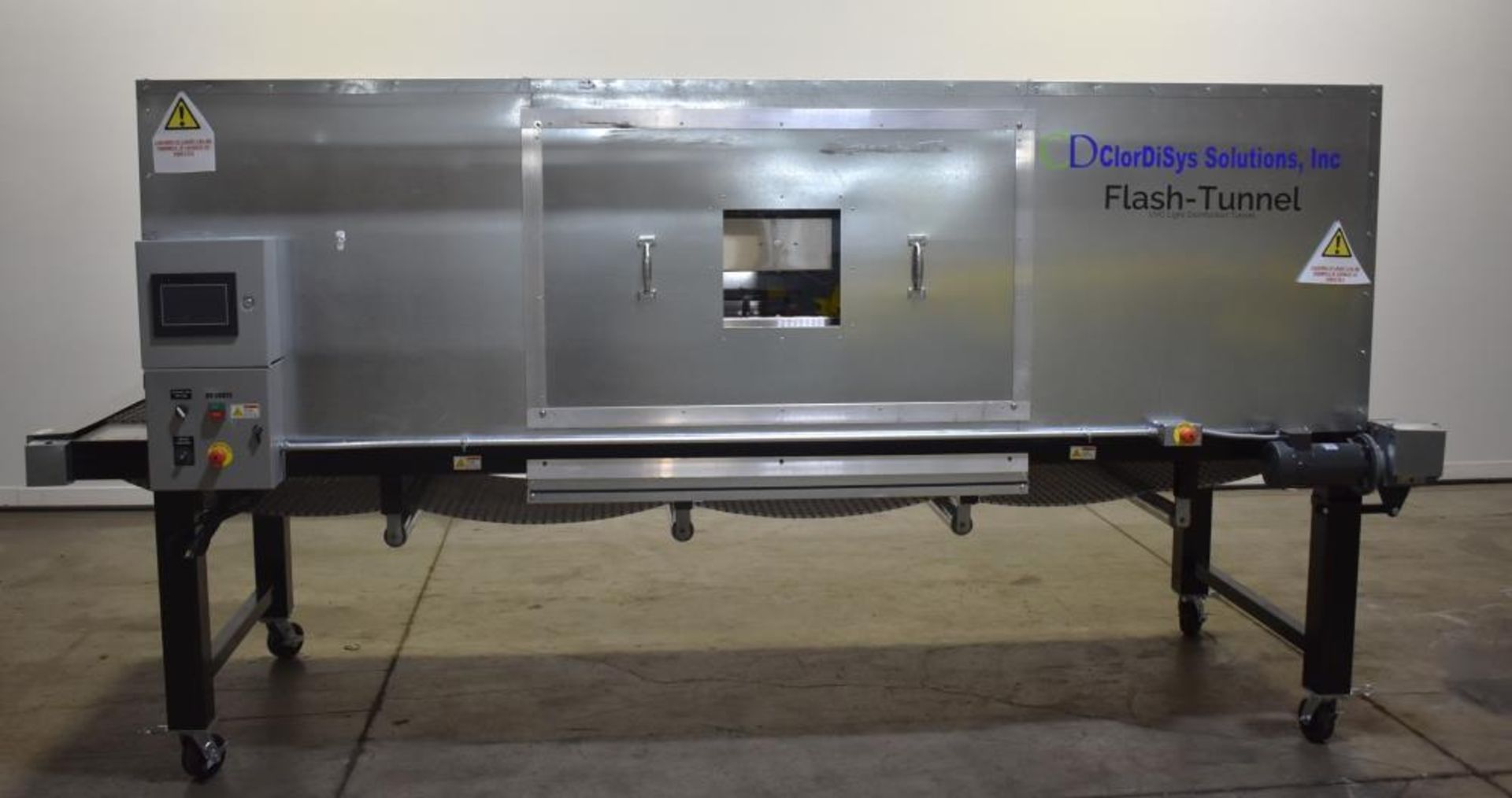 Used- Clordisys Solutions 106 Ultra Violet Sterilizer Flash Tunnel. Stainless steel link conveyor, a