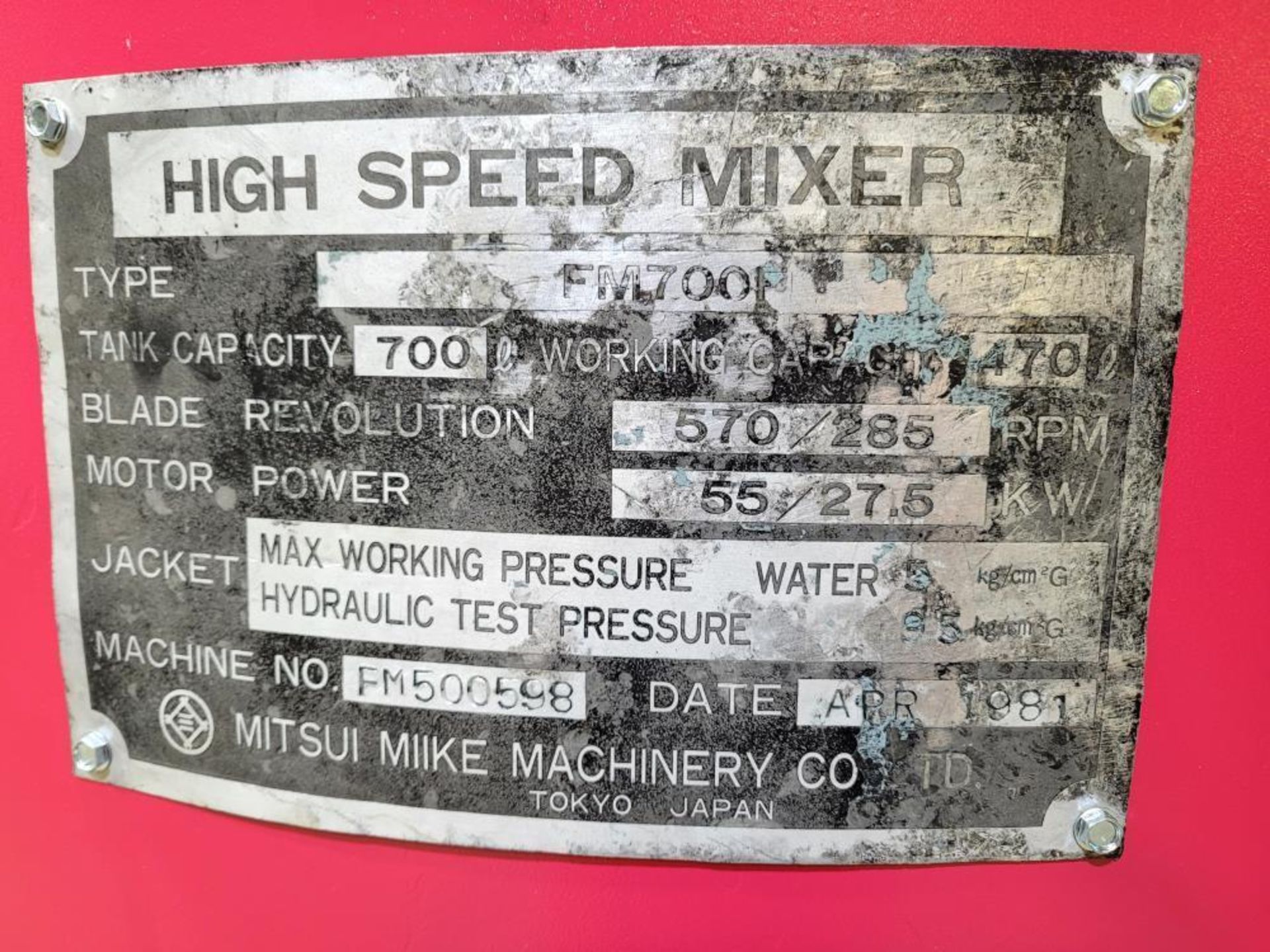 Used- Mitsui Miike 700 Liter High Intensity Mixer, Model FM700F, 304 Stainless Steel. Approximate 32 - Image 9 of 11