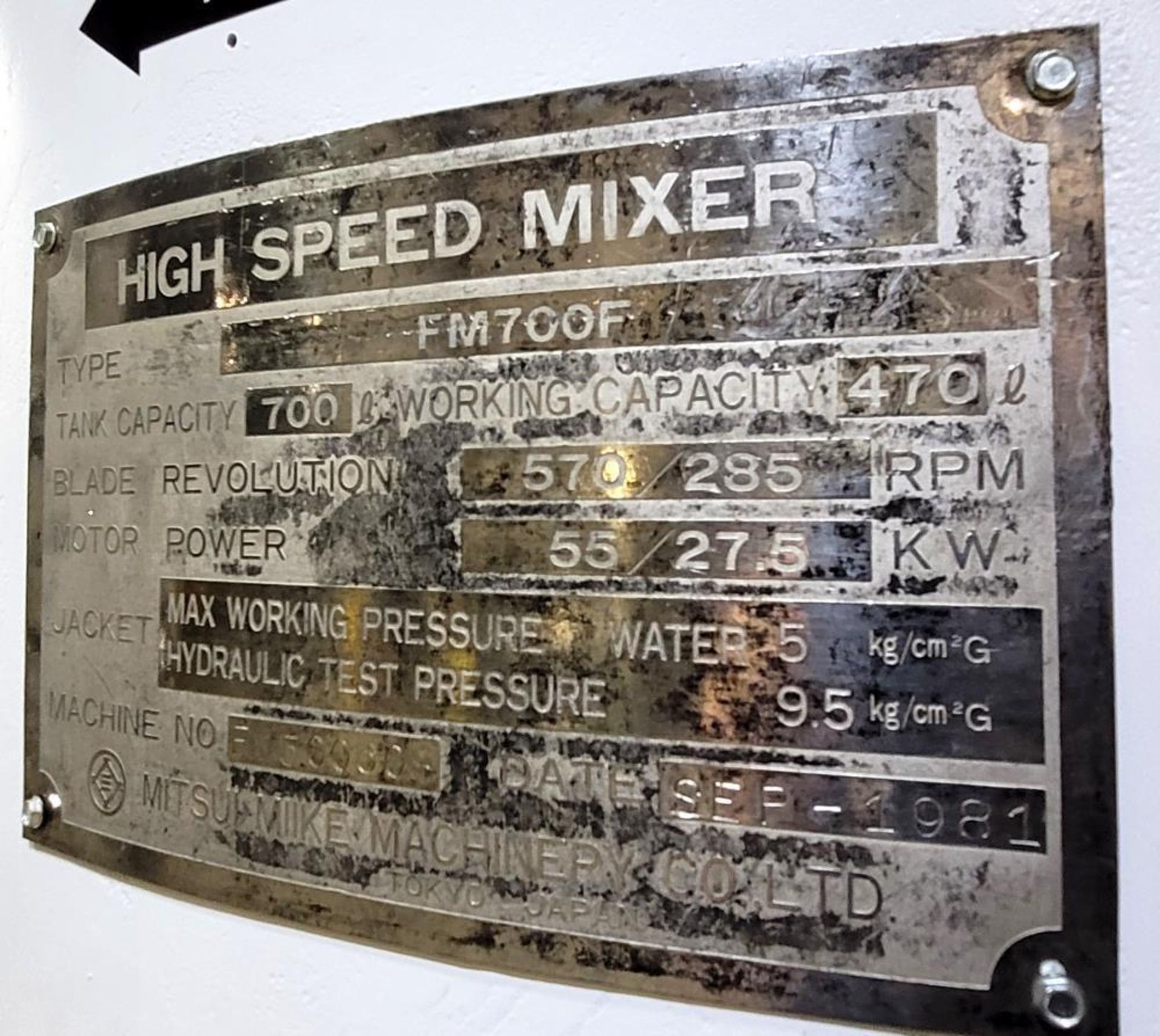 Used- Mitsui Miike 700 Liter High Intensity Mixer, Model FM700F. Approximate 32" diameter x 42" deep - Image 10 of 12