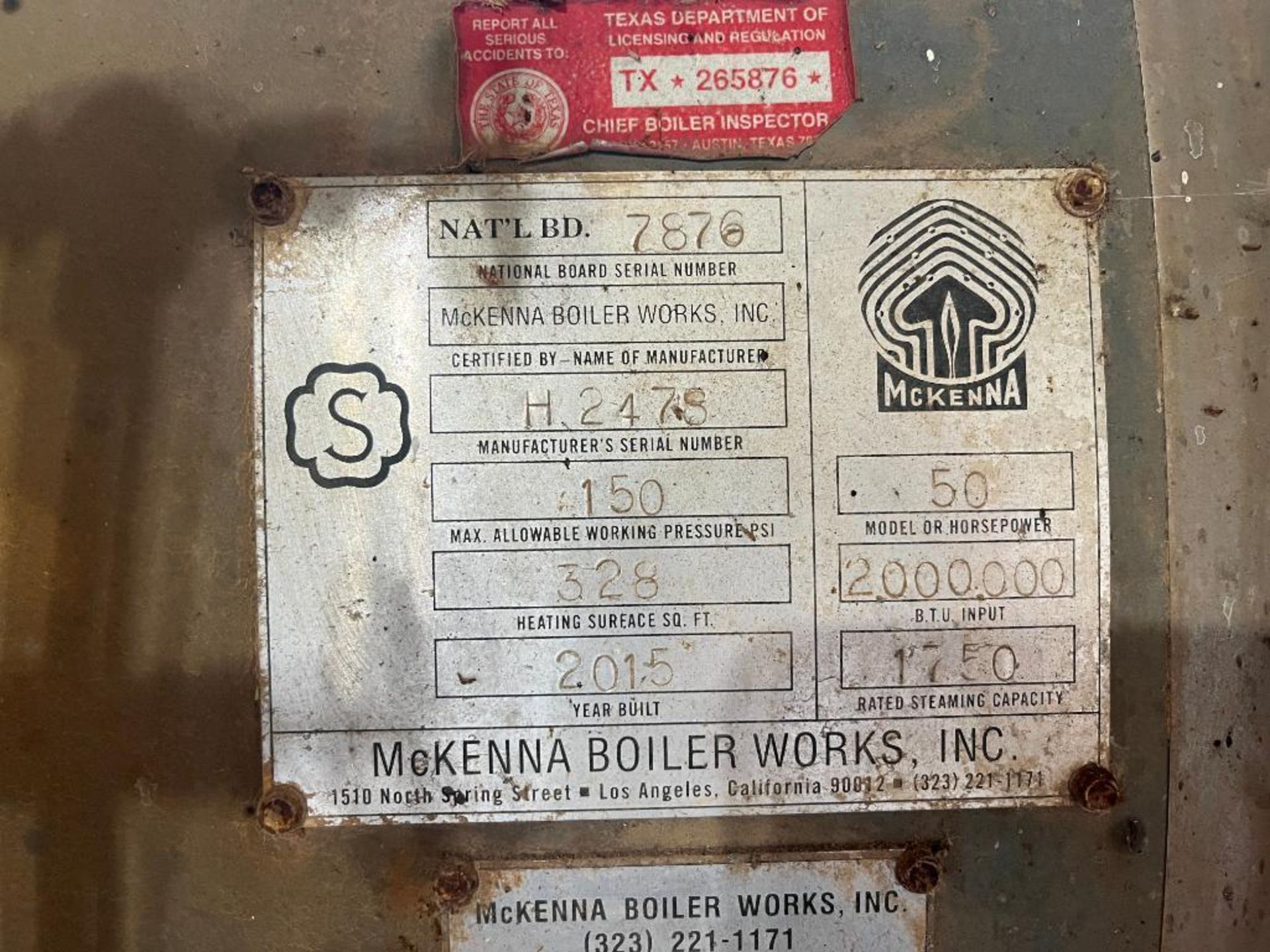 McKenna Boiler Works Natural Gas 2 Pass Fire Tube Steam Boiler, Model MBW-50. 328 Square feet heatin - Image 9 of 26