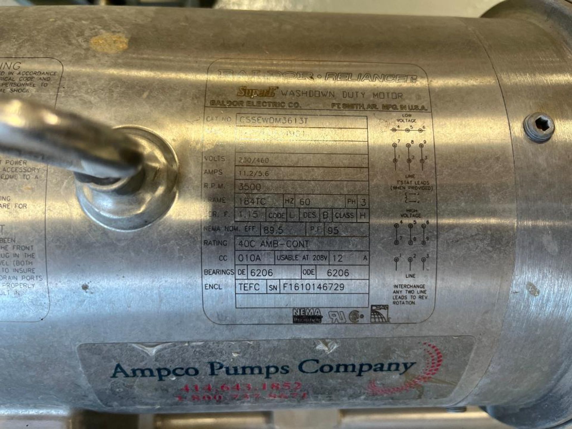 Ampco Stainless Steel Portable Centrifugal Pump. With a 5hp, 3/60/230/460 volt, 3500 rpm motor, Sew - Image 6 of 13