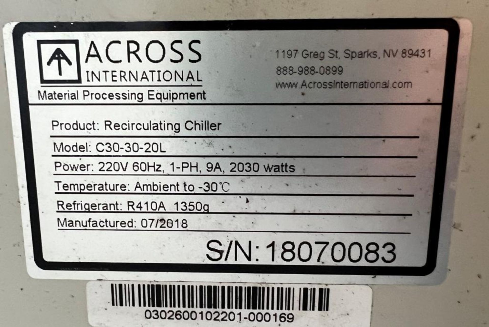 Across International Recirculating Chiller, Model C30-30-20L, Serial# 18070083, Built 07/2018. - Image 5 of 5