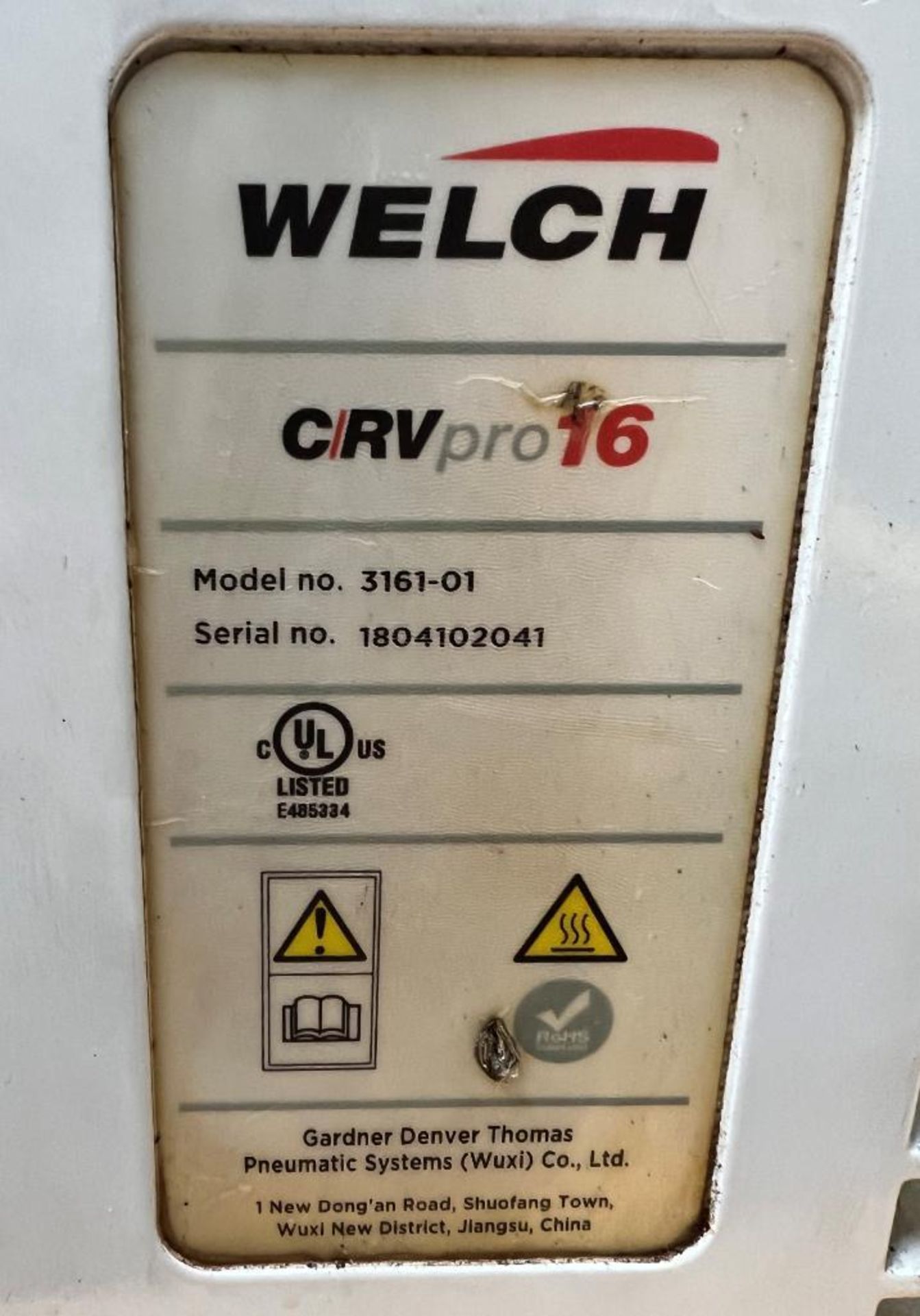 Welch C/RVPRO16 Rotary Vane Vacuum Pump, Model 3161-01, Serial# 1804102041. - Image 6 of 6