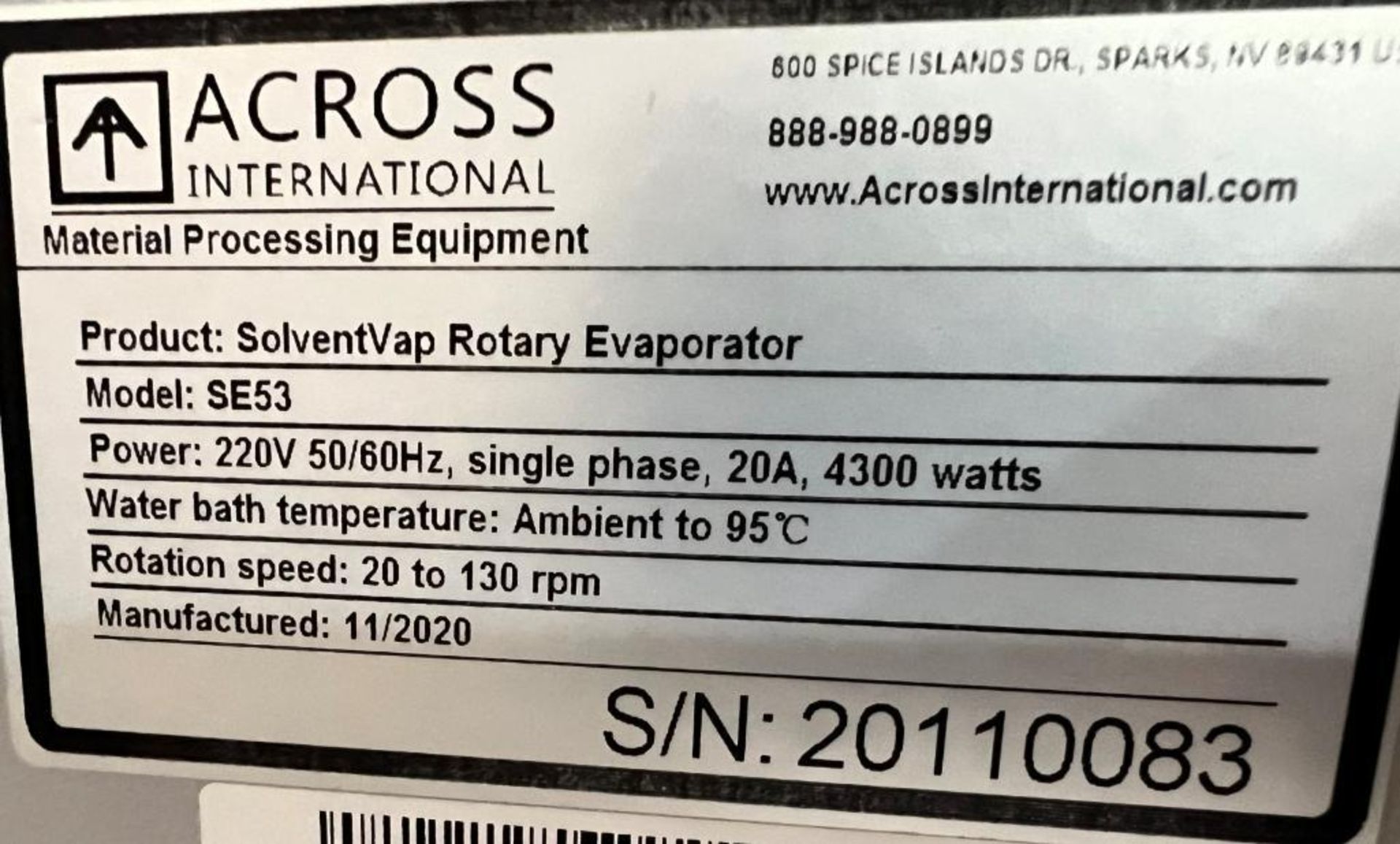 Across International SolventVap Rotary Evaporator, Model SE53, Serial# 20110083, Built 11/2020. With - Image 7 of 15