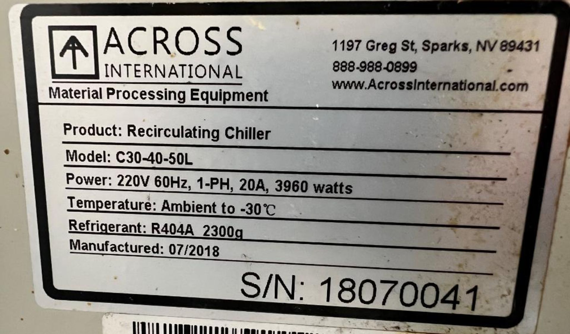 Across International Recirculating Chiller, Model C30-40-50L, Serial# 18070041, Built 07/2018. - Image 8 of 8