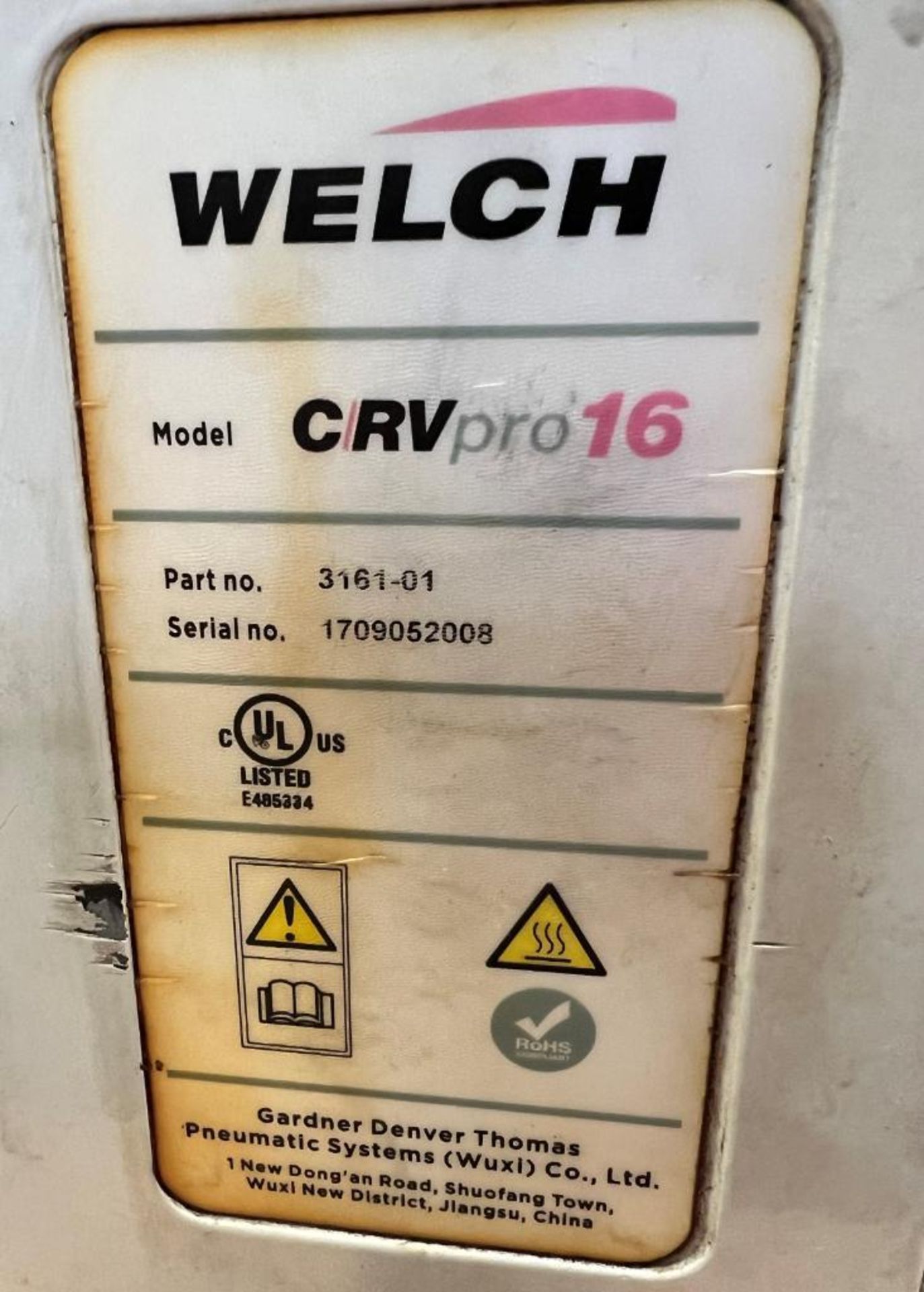 Welch C/RVPRO16 Rotary Vane Vacuum Pump, Model 3161-01, Serial# 1709052008. - Image 6 of 6