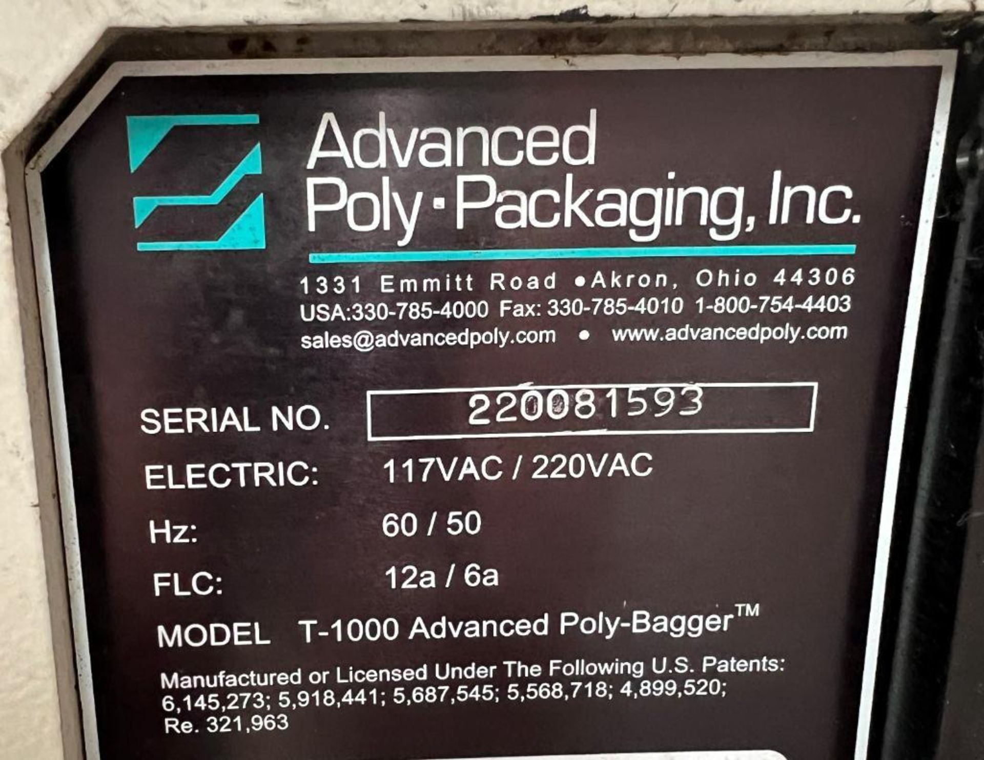 Advanced Poly-Packaging Bagger, Model T-1000, Serial# 220081593. - Image 7 of 7