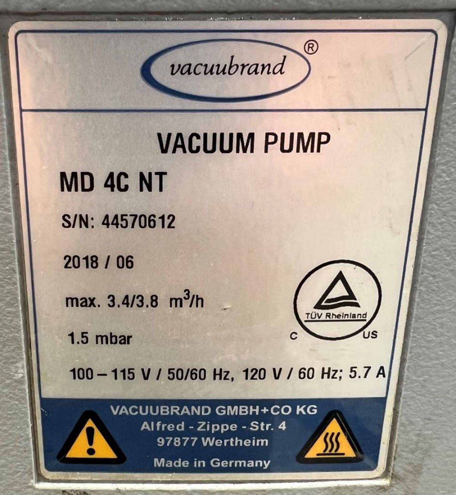 Lot Of (2) Vacuubrand Chemistry Diaphragm Pumps, Model MD4CNT, Serial# 103262909 & 44570612. - Image 7 of 7