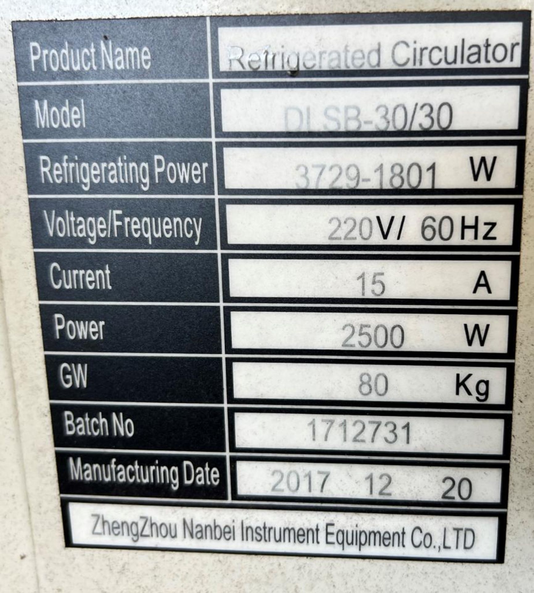 Zheng Zhou Refirgerated Circulator, Model DLSB-30/30, Serial# 1712731, Built 12/20/2017. - Image 3 of 3