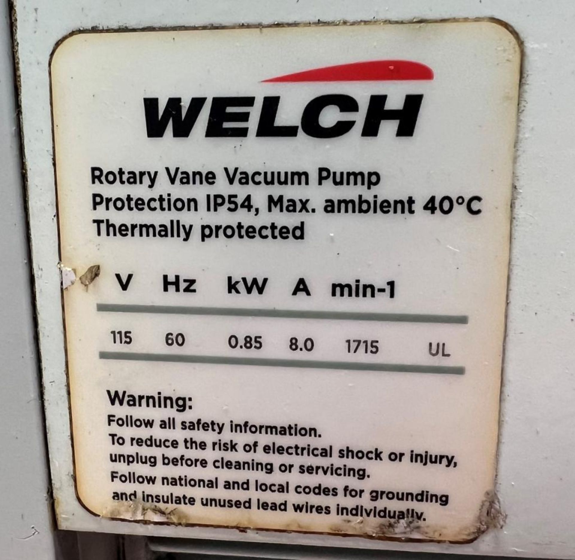 Welch C/RVPRO16 Rotary Vane Vacuum Pump, Model 3161-01, Serial# 1804102041. - Image 5 of 6