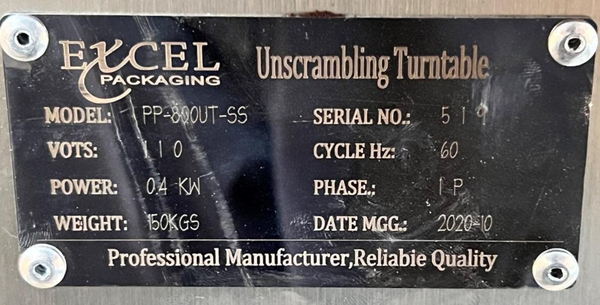 Excel Packaging Stainless Steel Unscrambling Table, Model PP-800UT-SS, Serial# 519. Approximate 31" - Image 6 of 6