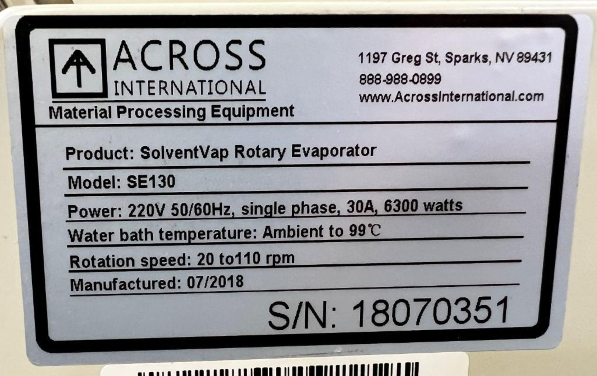 Across International SolventVap Rotary Evaporator, Model SE130, Serial# 18070351, Built 7/2018. With - Image 10 of 10