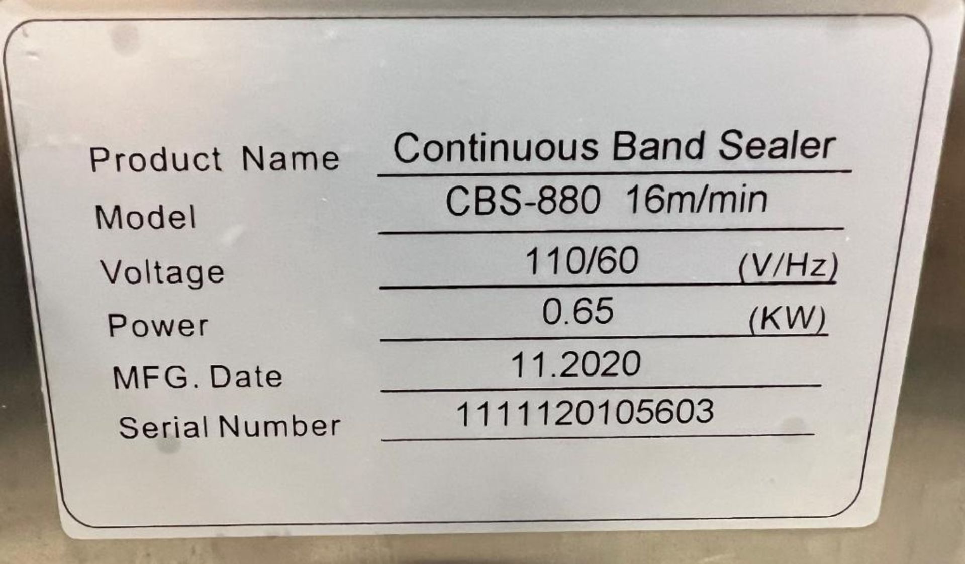 Sealer Sales Horizontal Continuous Band Sealer, Model CBS-880, Serial# 1111120105603, Built 11/2020. - Image 10 of 10
