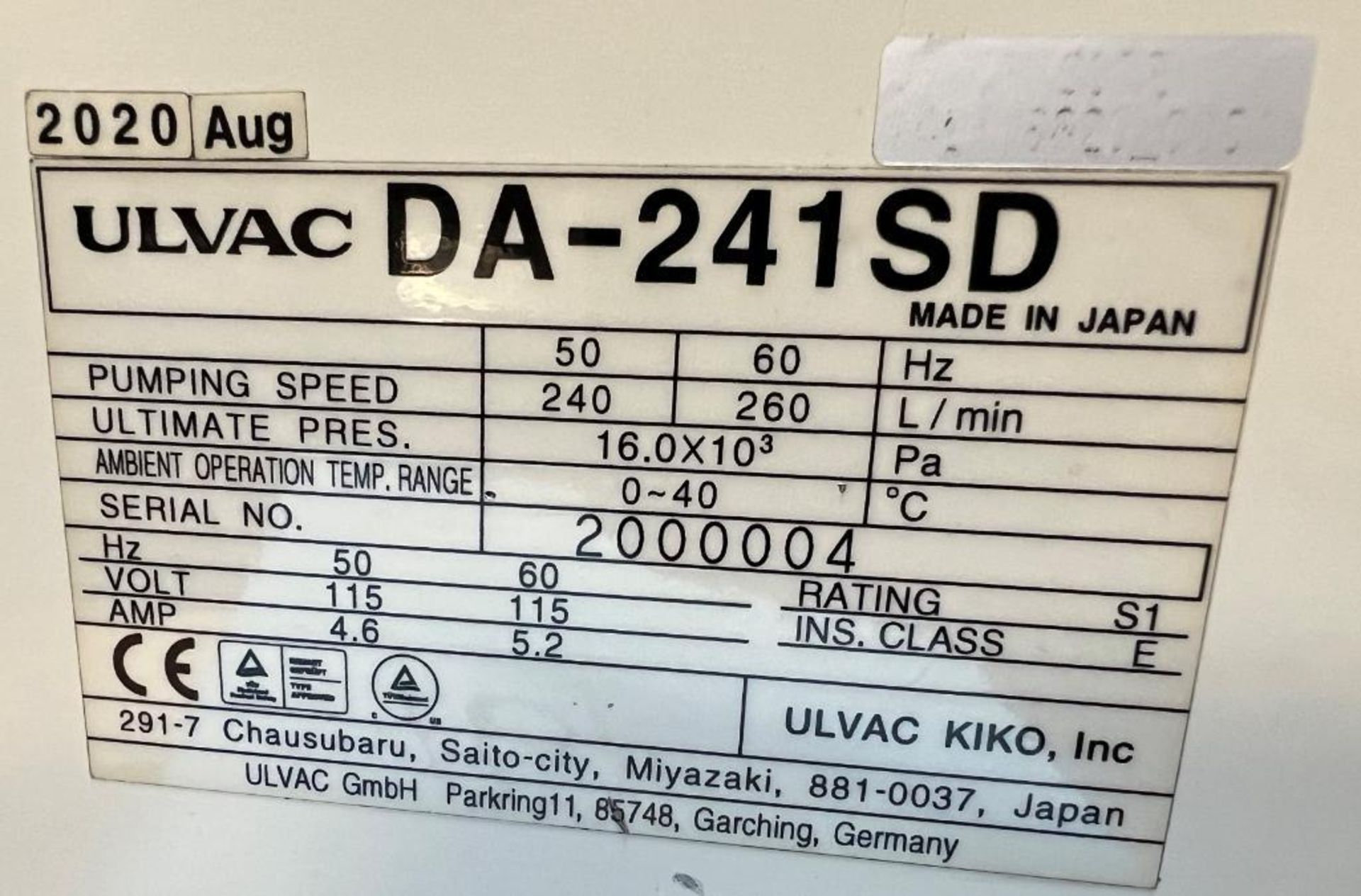 Ulvac Diaphragm Type Dry Vacuum Pump, Model DA-241SD, Serial# 2000004. Built 08/2020. - Image 5 of 5