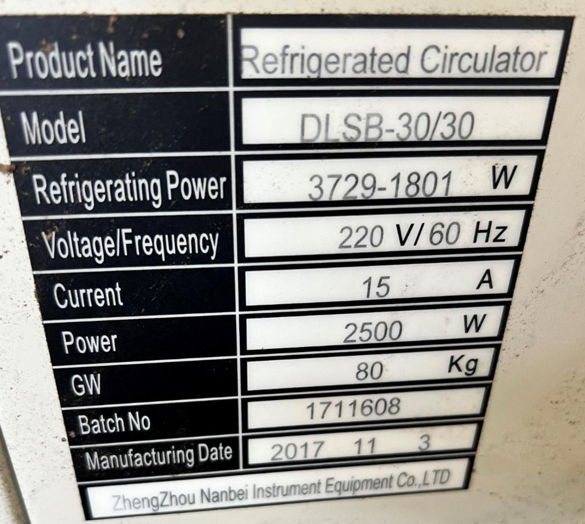 Zheng Zhou Refirgerated Circulator, Model DLSB-30/30, Serial# 1711608, Built 11/3/2017. - Image 4 of 4