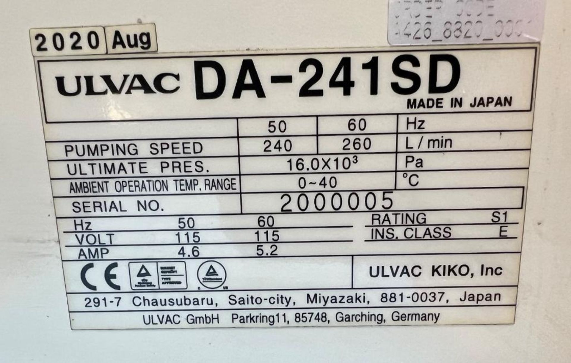 Ulvac Diaphragm Type Dry Vacuum Pump, Model DA-241SD, Serial# 2000005. Built 08/2020. - Image 5 of 6