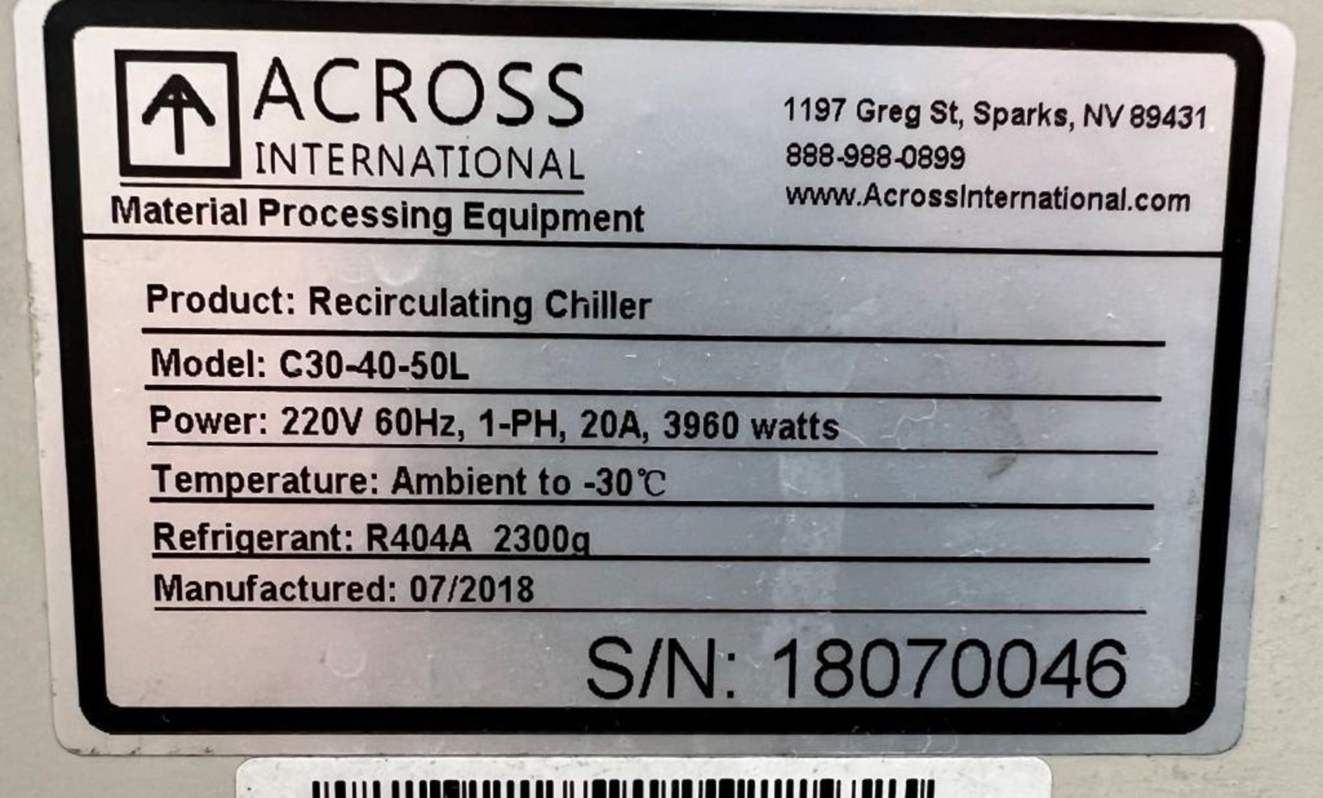 Across International Recyclable Chiller, Model C30-40-50L, Serial# 18070046, Built 07/2018. - Image 5 of 5